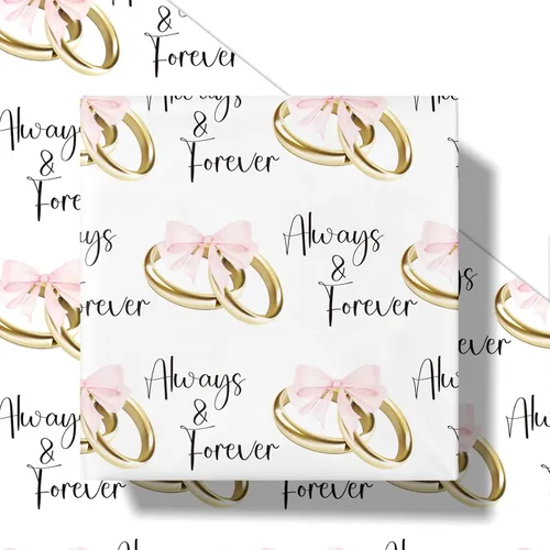 Vista 2 de RUSPEPA Rollo de papel de regalo de boda, mini rollo, lazos rosas y anillos dorados con diseño de texto "Always & Forever", elegante envoltura