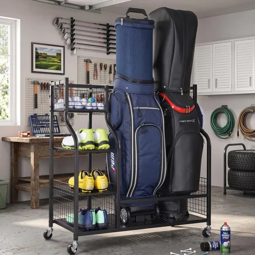 Vista 6 de Golf Bag Garage Storage Organizer Extra Large Size Golfs Bag Rack Stand Holder Negro (para 2 bolsas de golf)
