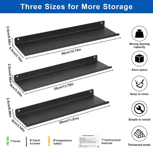 Vista 2 de Uten Estantes flotantes, estantes de hierro para montar en la pared, juego de 3, estantes de hierro para almacenamiento de baño, organizador