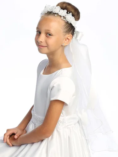 Vista 3 de Swea Pea & Lilli - Velo de primera comunión para niñas, tocado blanco para la primera comunión con diadema, flores de organza con diamantes