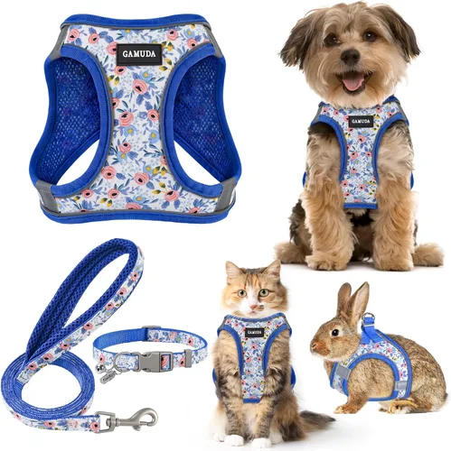 Vista 14 de GAMUDA Juego de Arnés, Collar y Correa para Perro Pequeño, Paso a Paso Sin Estrangulamiento Sin Tirones de Malla Suave Chaleco Ajustable para Perro
