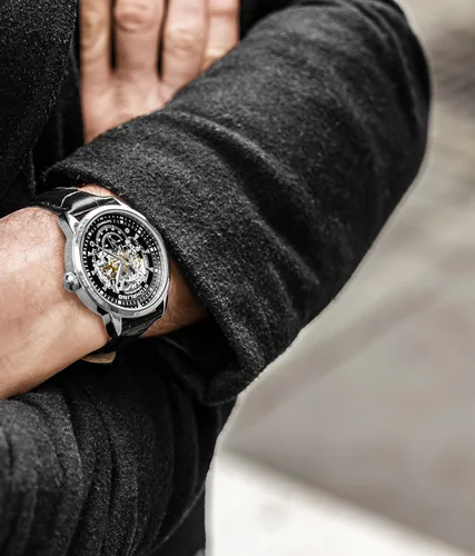 Vista 3 de Stuhrling Original Reloj esqueleto automático para hombre, correa de cuero negro, reloj ejecutivo mecánico plateado