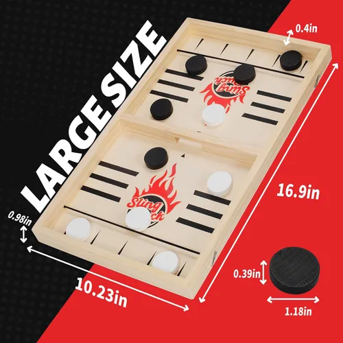 Vista 3 de Juego de disco de cabestrillo rápido grande clásico, juegos de mesa de hockey de madera para la noche familiar, juego de mesa para adultos y niños