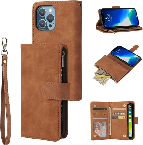Vista 9 de UEEBAI Funda tipo cartera para iPhone 13 Pro Max, funda de piel sintética con cierre magnético, bolsillo con cremallera, ranuras para tarjetas