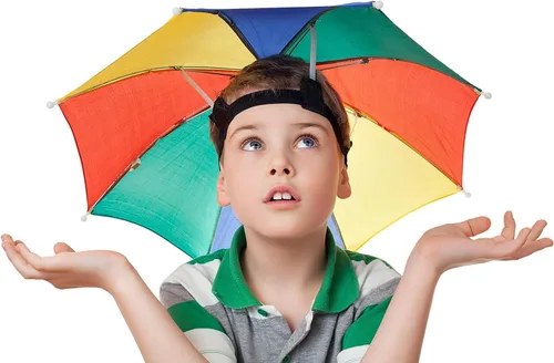 Vista 7 de Sombrero de paraguas para adultos y niños, protección contra la lluvia y el sol manos libres, diseño colorido de arco iris para pesca, senderismo