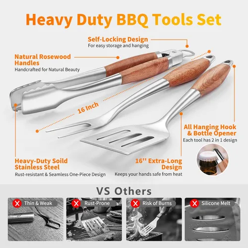 Vista 2 de Juego de accesorios para parrilla de 16 pulgadas, herramientas de accesorios para barbacoa de acero inoxidable resistente y accesorios para parrilla