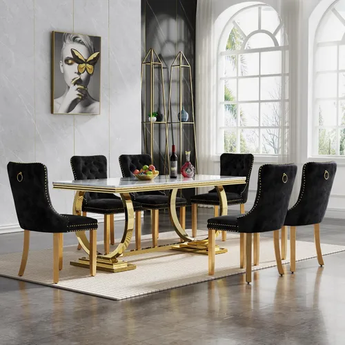 Vista 70 de HomVent Juego de mesa de comedor moderna de mármol sintético para 4 personas, mesa de cocina rectangular con 4 sillas beige (dorado)