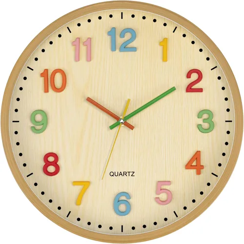 Vista 13 de Foxtop Silent Kids - Reloj de pared de aprendizaje de 12 pulgadas, sin tictac, funciona con pilas, colorido reloj para niños