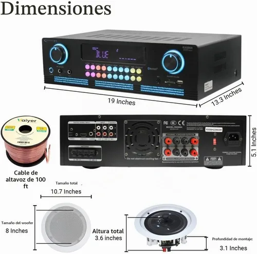 Vista 2 de Technical Pro Kit de sistema de sonido de cine en casa, amplificador Bluetooth de 2000 vatios
