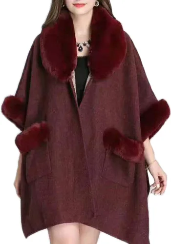 Vista 2 de Poncho para mujer con bolsillo cálido cárdigan de cachemira con piel de conejo