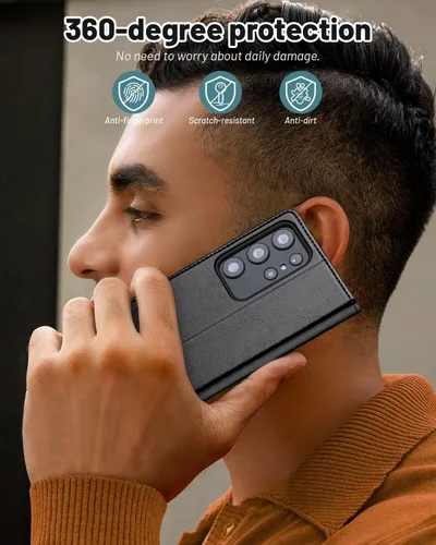 Vista 7 de OCASE Funda compatible con Galaxy S23 Ultra 5G, funda de piel sintética con tapa y soporte para tarjetas con bloqueo RFID