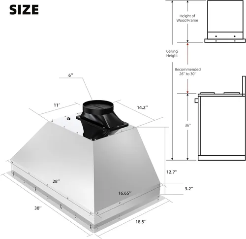 Vista 2 de BRANO Campana extractora de inserción, campana de ventilación de cocina integrada de 900 CFM con control de voz, gestos y táctil, ventilador