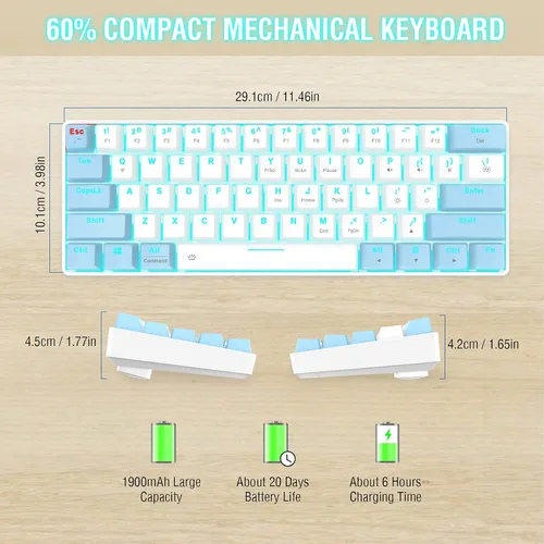 Vista 6 de EDJO Teclado mecánico Bluetooth 60 teclado mecánico inalámbrico y con cable para juegos con interruptores rojos y retroiluminación teclado