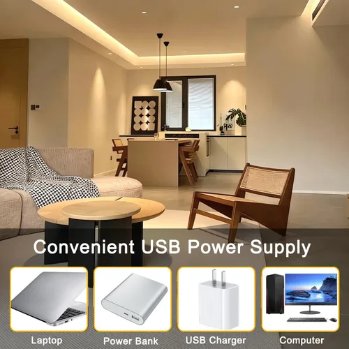 Vista 2 de Tira de luces LED COB USB para TV, 5 V alimentadas por USB, luces LED regulables, luz blanca cálida, 3.3 pies, 320 LED/M, 3000 K, tira de luz