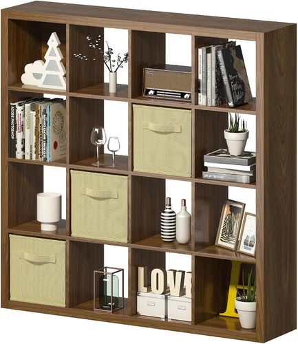 Vista 9 de Estantería con contenedor de almacenamiento, organizador de almacenamiento de 6 cubos, estantería abierta de madera moderna, estante de cubículos