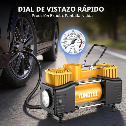 Vista 4 de YUNGTEE Inflador de neumáticos portátil, compresor de aire de doble cilindro de 12 V 150 PSI Luz de emergencia LED, manguera de extensión de 11