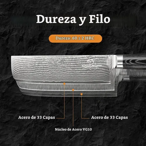 Vista 4 de NANFANG BROTHERS Cuchillo Damasco Nakiri, cuchillo de cocina profesional de 7 pulgadas con mango ergonómico de madera antideslizante, japonés