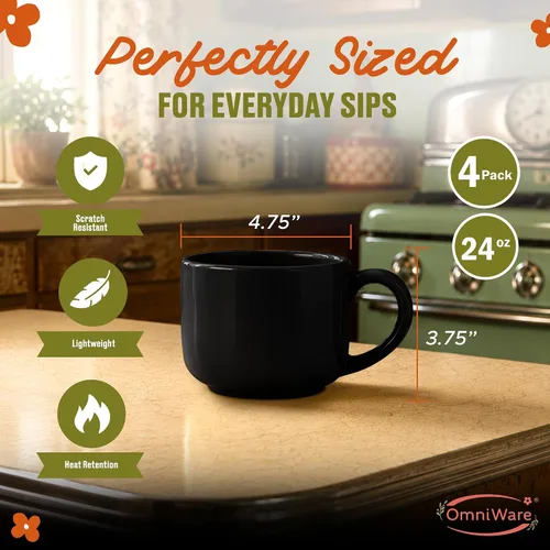 Vista 2 de Omniware Teaz Cafe - Taza jumbo de 24 onzas, color negro, juego de 4