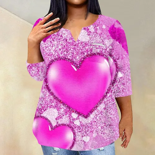 Vista 4 de FlekmanArt Womens Sweatshirt Valentine's Day Print V Neck Blouses Plus Size Long Sleeve Outfit Lightweight Pullover Tops