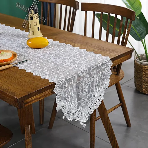 Vista 4 de Hsvanyr Camino de mesa de encaje blanco bordado pequeño suave cubierta de tocador bufanda clásica rectangular macramé mesa decoración 15 pulgadas x