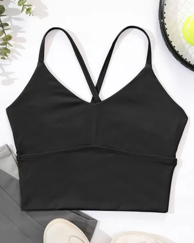 Vista 7 de XUNYU Sujetador deportivo de línea larga para mujer, camisetas sin mangas de entrenamiento con tiras cruzadas para fitness, gimnasio, yoga, correr