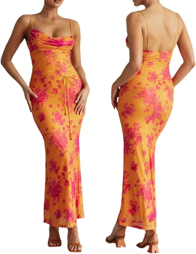 Vista 4 de Vestido midi floral para mujer, largo, ajustado, estampado floral, sin mangas, tirantes delgados, ajustado, con lazo, playa, verano, club