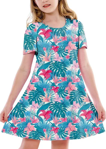 Vista 19 de Deerose Kids Summer Short Sleeve Dresses Hawaiian Tshirt Sundress 3-14 Years Coconut trees