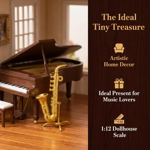 Vista 5 de Toyvian - Modelo de saxofón en miniatura, a escala 1:12, de latón, dorado, mini instrumento musical para decoración de casa de muñecas, accesorio
