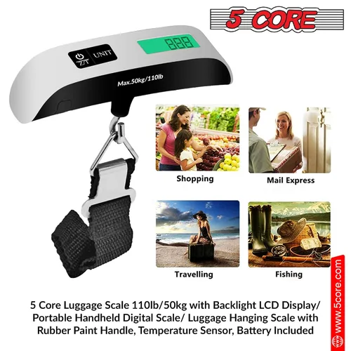 Vista 7 de 5 Core LSS-004 - Báscula digital para equipaje, pantalla LCD con retroiluminación y escala de equipaje con capacidad de 110 libras, báscula colgante