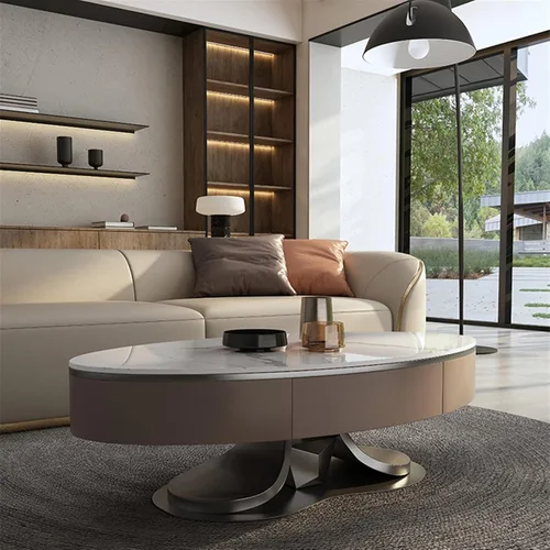 Vista 8 de Mesa auxiliar para sofá de sala de estar, mesa auxiliar ovalada de lujo con mesa de pizarra, mesa de centro moderna para sala de estar con cajones