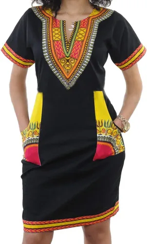 Vista 11 de Vestidos africanos para mujer, estilo bohemio, dashiki, tribal, vintage, étnico, midi Negro
