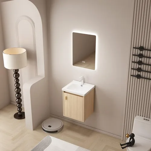 Vista 8 de Tocador de baño pequeño de 16 pulgadas montado en la pared, tocador de baño pequeño con fregadero de cerámica, tocador de baño moderno con cajones