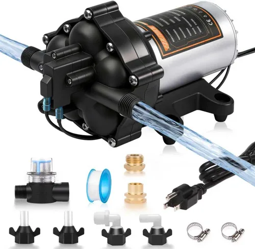 Vista 10 de [Versión mejorada] Bomba de agua dulce de 12V CC para RV, 7GPM 70PSI, bomba de diafragma autocebante de cinco cámaras con interruptor de presión