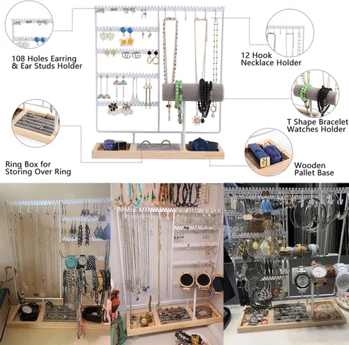 Vista 5 de HINIHAO Soporte para aretes, organizador de joyas, soporte para collares, estante de torre de joyería de 5 niveles, 108 agujeros, 12 ganchos