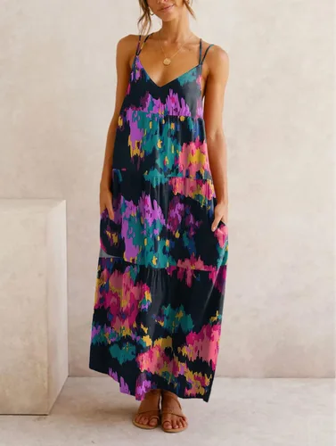 Vista 3 de Lxmyoxr Vestido casual de verano para mujer, sin mangas, cuello en V, tirantes delgados, escalonados, maxi vestidos largos con bolsillos