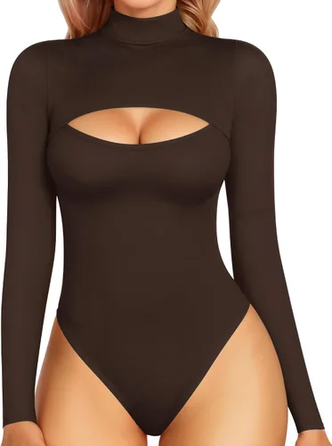 Vista 6 de MANGOPOP - Body de cuello alto con recorte frontal para mujer, manga larga, sin mangas, cuello de tortuga, trajes sexys 01 Manga larga negra
