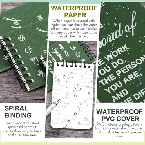 Vista 4 de Cuaderno impermeable de 24 piezas con juego de bolígrafos multiherramienta que incluye 3 x 5 bloc de notas de bolsillo en espiral superior y Verde