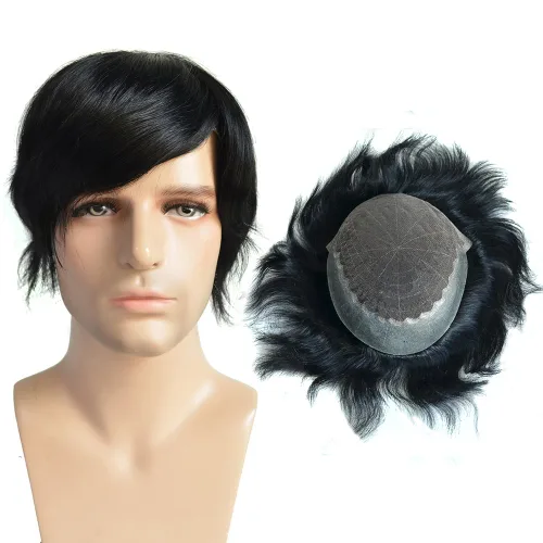Vista 6 de Q6 Base Custom para hombre Toupee Hairpiece Cabello humano indio Sistema de reemplazo de pelucas de prótesis – # 1 (Jet Negro)
