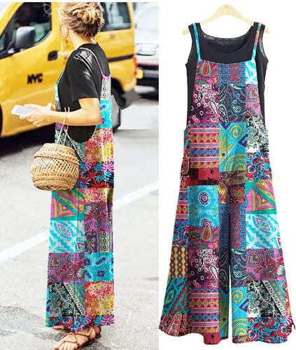 Vista 2 de KMAZN Overol largo de algodón para mujer, estilo casual, holgado, de lino, talla grande, pantalones de pierna ancha