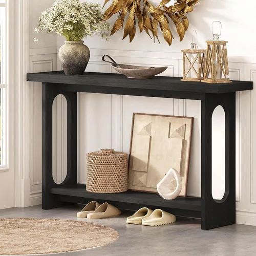 Vista 7 de Mesa consola negra, mesa de entrada de madera de 55 pulgadas, mesas estrechas para sofá, mesas de pasillo para sala de estar, entrada, vestíbulo