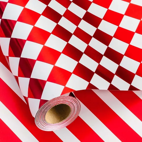 Vista 9 de Homeral Rollo de Papel de Regalo con Bandera a Cuadros - Diamante y Rayas en Blanco y Negro, Papel de Regalo Reversible de Carro de Carreras