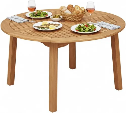 Vista 9 de Tangkula Mesa de comedor redonda para exterior, Mesa de madera de acacia para 4 personas de gran tamaño, Mesa de patio estilo granja para bistró