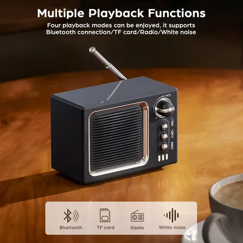 Vista 4 de Altavoz Bluetooth retro, mini altavoz Bluetooth inalámbrico portátil vintage con sonido de ruido blanco, sonido fuerte de 5 W, llamadas manos Beige