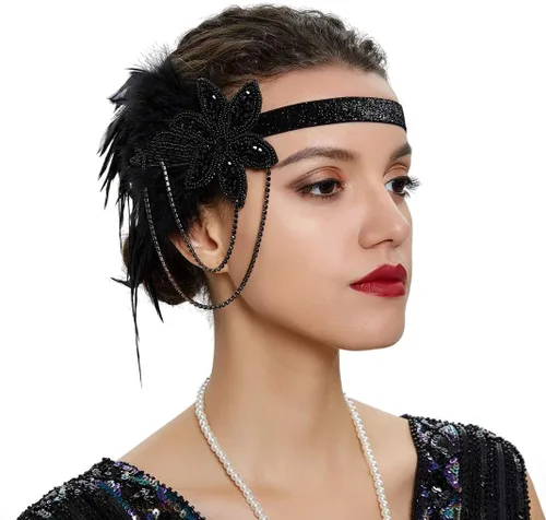 Vista 30 de Roaring 20s Great Gatsby - Diadema estilo flapper para mujer, estilo Art Deco de los años 20, con plumas A azul