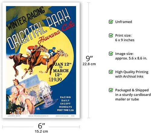 Vista 2 de Havana Cuba - Winter Horse Racing Oriental Park - Vintage Travel Poster c.1937 - Master Art Print (Unframed) 6in x 9in