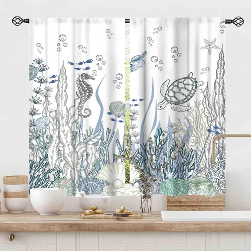 Vista 22 de Cortinas costeras, temática de playa de verano, acuarela, medusas náuticas, estrellas de mar, concha, caballito de mar, azul, opacas, cortinas