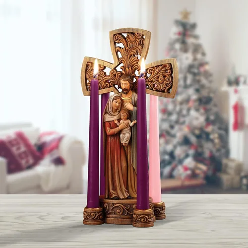 Vista 2 de Avalon Gallery Candelabro de resina esculpida de Adviento/Navidad, 13 pulgadas de alto x 5 pulgadas de ancho, cruz de la Santa Familia