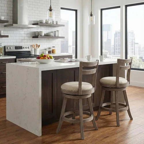 Vista 6 de Cortesi Home Harper Taburete giratorio para mostrador con respaldo de madera maciza, tela beige