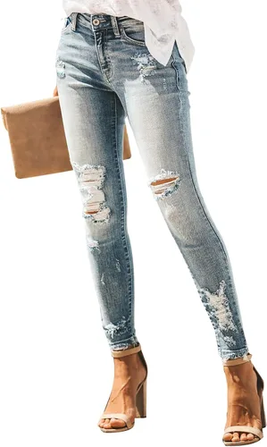 Vista 4 de KUNMI Pantalones de mezclilla elásticos rasgados y desgastados para mujer