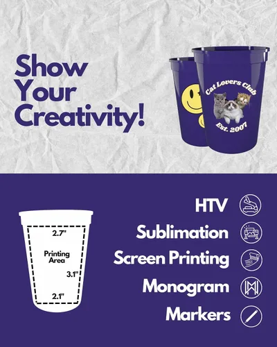 Vista 4 de PartyPrints Paquete de 100 vasos de plástico en blanco reutilizables de 10 a 12 onzas, vasos de estadio a granel, sin BPA, aptos para lavavajillas